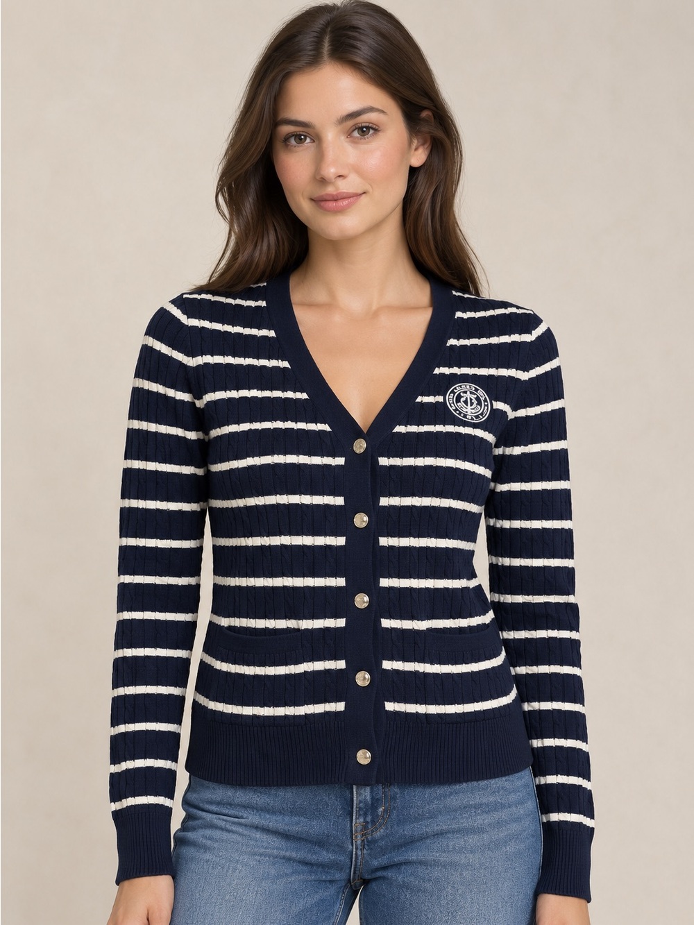 ⚓️🇺🇸Ralph Lauren Navy & White Striped V-Neck Button Cardigan